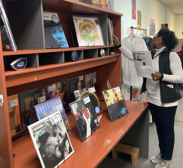 State Sen. Adriane Johnson, D-Buffalo Grove, looks at records. (Steve Sadin/For the Lake County News-Sun)