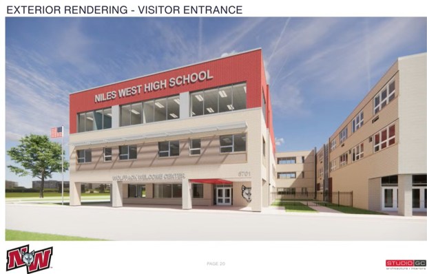 A rendering of the proposed three-story 41,000 square foot building addition to Niles West. The building addition was approved by the Board of Education over safety concerns that visitors need to go through school hallways to access student services. (Niles Township High School District 219)