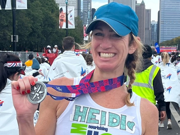 Heidi Stevens at the finish line of the Chicago Marathon on Oct. 8, 2023. (Marian Chao)