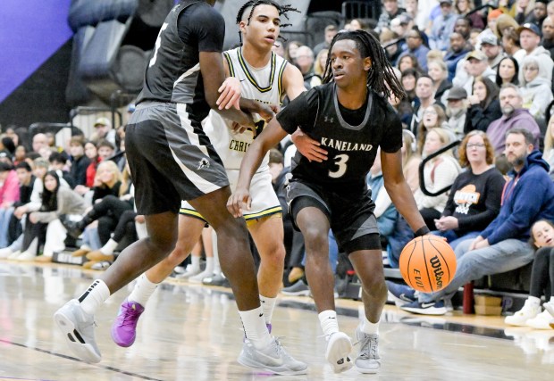 Kaneland's Marshawn Cocroft (3) moves the ball down the court during the 61st Annual Plano Christmas Classic championship game against Yorkville Christian on Saturday, Dec. 28, 2024. (Mark Black / for the Beacon-News)