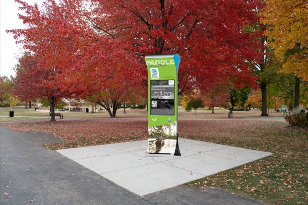 A rendering of an electronic Fabulous Fox! National Water Trail sign. The Kane County Board recently voted to approve the installation of solar-powered informational signs along the Fox River. (Soofa)