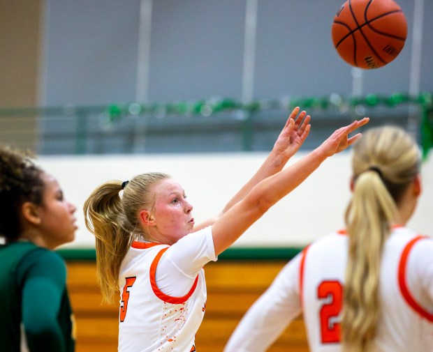 St. Charles East's Brooklyn Schilb (5) shoots a free throw during the York Thanksgiving Tournament at York Community High School in Elmhurst, IL, on Monday, Nov. 18, 2024. (Nate Swanson / for the Beacon-News)