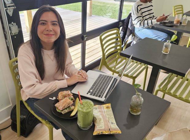 Yadi Nevarez of Montgomery enjoys lunch recently at Little Loaf Bakehouse at 101 W. Center St. in Yorkville. (David Sharos / For The Beacon-News)