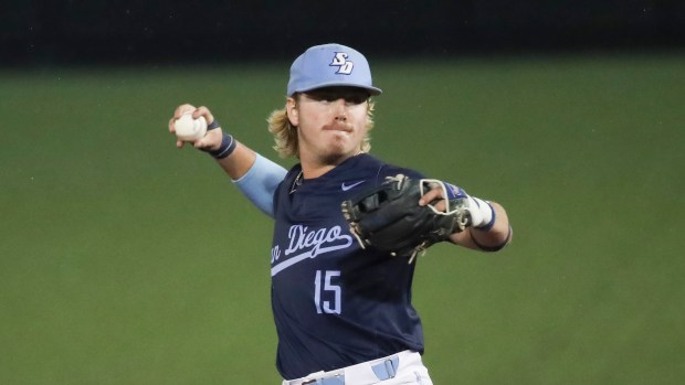 San Diego infielder Chase Meidroth plays in an NCAA regional championship against Oregon State on June 4, 2022, in Corvallis, Ore. (AP Photo/Amanda Loman)