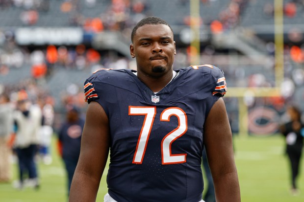 Chicago Bears offensive tackle Kiran Amegadjie (72) walks off of the field after an NFL football game against the Los Angeles Rams, Sunday, Sept. 29, 2024, in Chicago. The Bears defeated the Rams 24-18. (AP Photo/Kamil Krzaczynski)