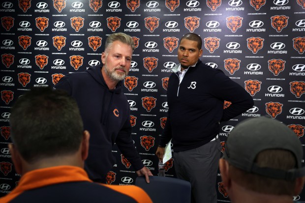 Then-Bears coach Matt Eberflus and GM Ryan Poles answer questions at Halas Hall on July 19, 2024, in Lake Forest. (Stacey Wescott/Chicago Tribune)