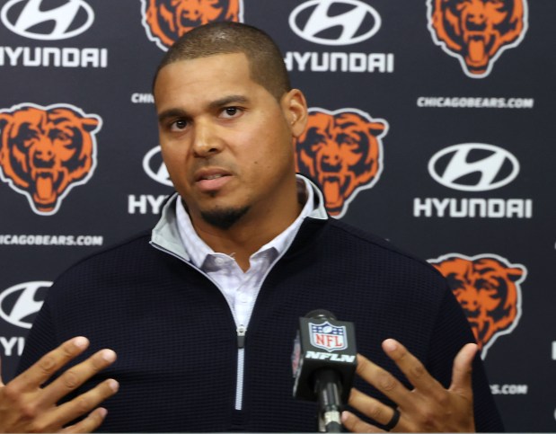 Bears general manager Ryan Poles answers a question during a news conference at Halas Hall on July 19, 2024, in Lake Forest. (Stacey Wescott/Chicago Tribune)