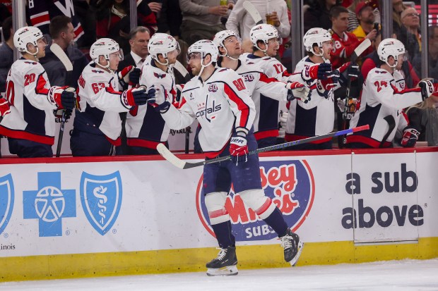 Washington Capitals left wing Pierre-Luc Dubois (80) celebrates after scoring a goal during the first period against the Chicago Blackhawks at the United Center Tuesday Dec. 17, 2024, in Chicago. (Armando L. Sanchez/Chicago Tribune)