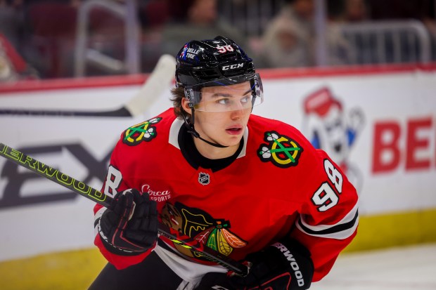 Chicago Blackhawks center Connor Bedard (98) skates on the ice during the first period against the Washington Capitals at the United Center Tuesday Dec. 17, 2024, in Chicago. (Armando L. Sanchez/Chicago Tribune)