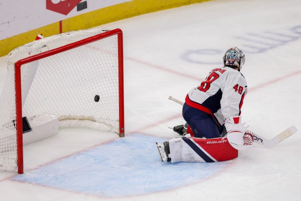 Chicago Blackhawks defenseman TJ Brodie (78) scores a goal past Washington Capitals goaltender Logan Thompson (48) during the third period at the United Center Tuesday Dec. 17, 2024, in Chicago. (Armando L. Sanchez/Chicago Tribune)