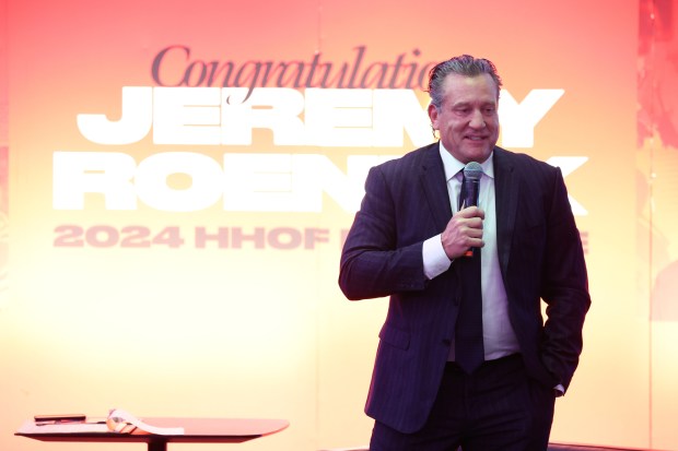 Former Chicago Blackhawk Jeremy Roenick, newly inducted into the Hockey Hall of Fame, participates in a question and answer session for fans before the start of a game against the Seattle Kraken at the United Center in Chicago on Dec. 19, 2024. (Terrence Antonio James/Chicago Tribune)