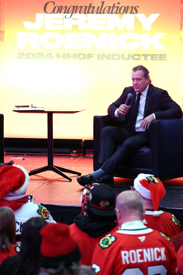 Former Chicago Blackhawk Jeremy Roenick, newly inducted into the Hockey Hall of Fame, participates in a question and answer session for fans before the start of a game against the Seattle Kraken at the United Center in Chicago on Dec. 19, 2024. (Terrence Antonio James/Chicago Tribune)