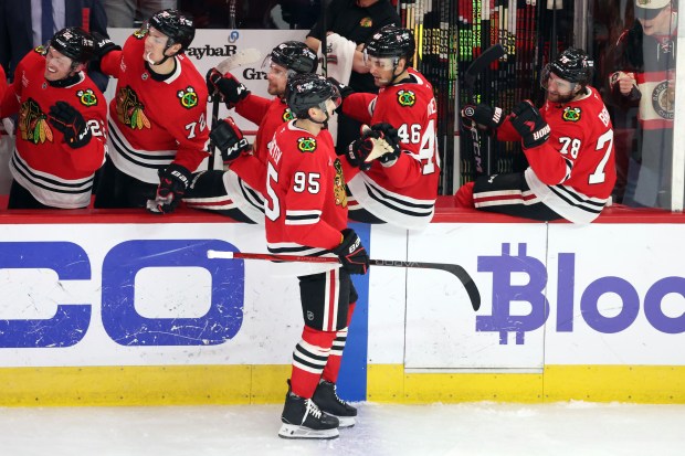 Blackhawks right wing Ilya Mikheyev (95) celebrates his second goal of the night against the Kraken at the United Center in Chicago on Dec. 19, 2024. (Terrence Antonio James/Chicago Tribune)