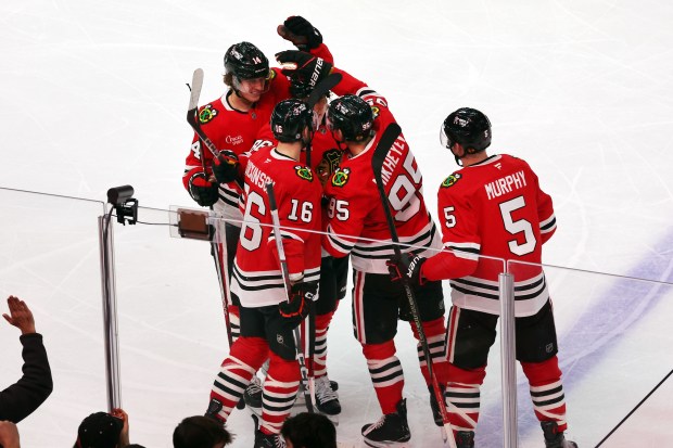 Blackhawks right wing Ilya Mikheyev (95) and teammates celebrate his second goal of the night against the Kraken at the United Center in Chicago on Dec. 19, 2024. (Terrence Antonio James/Chicago Tribune)