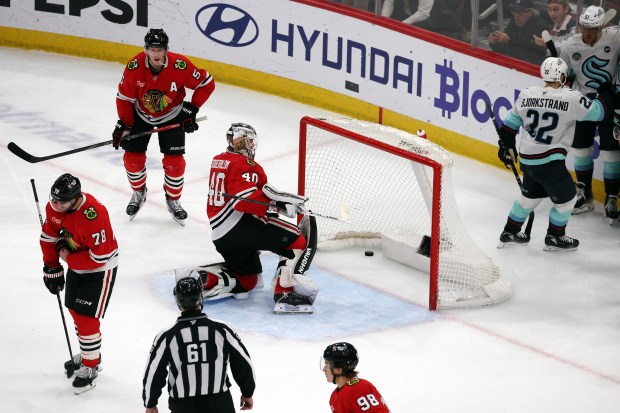 Blackhawks goaltender Arvid Soderblom (40) gave up a goal to the Kraken in the third period at the United Center in Chicago on Dec. 19, 2024. (Terrence Antonio James/Chicago Tribune)