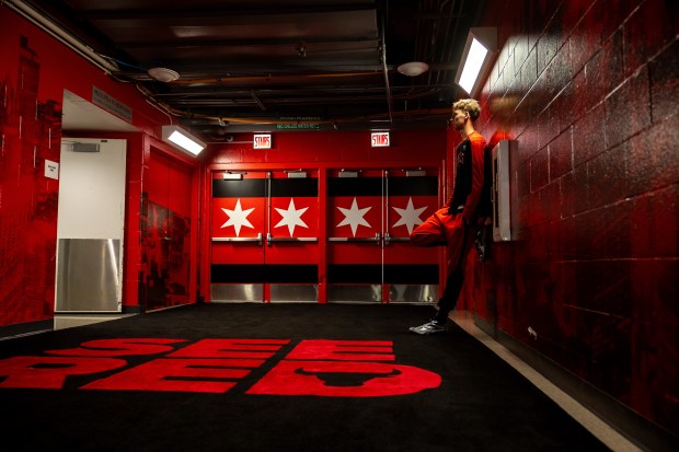 Bulls rookie forward Matas Buzelis waits for the rest of the team before a game against the Timberwolves on Nov. 7, 2024, at the United Center. (Tess Crowley/Chicago Tribune)