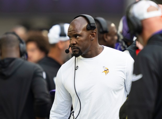 Vikings defensive coordinator Brian Flores on the sidelines in the fourth quarter of a preseason game against the Raiders at U.S. Bank Stadium in Minneapolis on Aug., 10 2024. (John Autey / Pioneer Press)