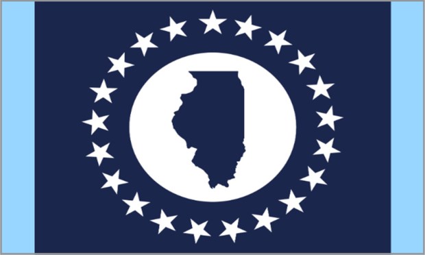 Relationship to Illinois: I have lived in Illinois for my entire life (40 years). I grew up in Naperville and then moved to Chicago where I lived for about 18 years before moving to Des Plaines. Explain the meaning behind your flag: My flag uses a silhouette design of the state of Illinois as the focal point. I always felt Illinois had a distinct outline. 21 stars circle the state to symbolize it being the 21st state to enter the Union. Additionally, I used the circular design to symbolize Illinois being a kind of center of the country, whether it is geographically or from Chicago serving as a hub for train and air traffic. Finally, the blue edges represent the Mississippi River and Lake Michigan which flank the state. (Illinois Secretary of State)