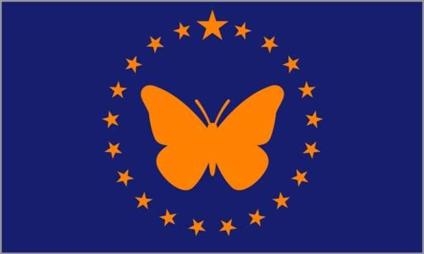 Relationship to Illinois: The students who worked on this flag are high school students living in Illinois named Johnna and Spresalynn. Explain the meaning behind your flag: The state butterfly, the Monarch, is the focal point of this flag that includes 21 stars for Illinois being the 21st state (the large star represents Illinois). The orange represents success, determination, and creativity while the blue stands for trust, loyalty, and sincerity and strength. (Illinois Secretary of State)