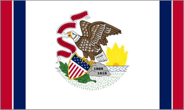 Relationship to Illinois: My late wife Maureen Thomas (1952-2023) was born and raised in Oak Park, Illinois. Explain the meaning behind your flag: The idea of mine is simply an embellishment to the existing flag (helps to save money on an entire new design). Placing red and blue vertical bars on each end (with a narrow white stripe in between the colors) eliminates the 'seal-on-bedsheet' look. Not overly imaginative, but practical and economic. (Illinois Secretary of State)