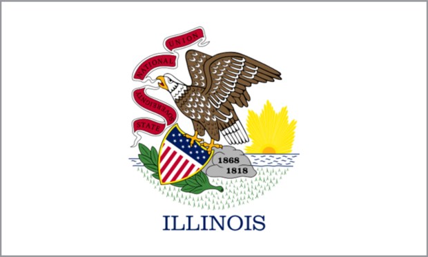 The first official flag of Illinois was adopted in 1915, almost 100 years after Illinois became a state in 1818. Lucy Derwent of the Rockford Daughters of the American Revolution chapter placed the Great Seal on a plain white background. In 1969 the word "Illinois" was added to the bottom of the flag, becoming the flag that is recognized today. (Illinois Secretary of State)