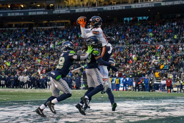 Chicago Bears wide receiver Damiere Byrd (10) scores a two-point conversion during the fourth quarter against the Seattle Seahawks at Lumen Field Sunday Dec. 26, 2021 in Seattle, Wash. The Bears would defeat the Seahawks 25-24. (Armando L. Sanchez/Chicago Tribune)