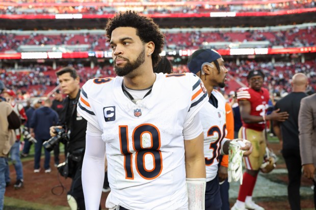 Bears quarterback Caleb Williams looks toward the exit after a 38-13 loss to the 49ers at Levi's Stadium on Dec. 8, 2024, in Santa Clara, Calif. (John J. Kim/Chicago Tribune)