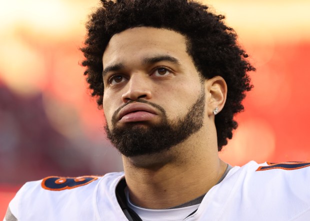 Bears quarterback Caleb Williams exhales while leaving the field after a 38-13 loss to the 49ers at Levi's Stadium on Dec. 8, 2024. (John J. Kim/Chicago Tribune)