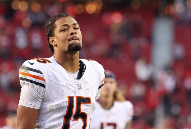 Bears wide receiver Rome Odunze exits after a 38-13 loss to the 49ers at Levi's Stadium on Dec. 8, 2024, in Santa Clara, Calif. (John J. Kim/Chicago Tribune)