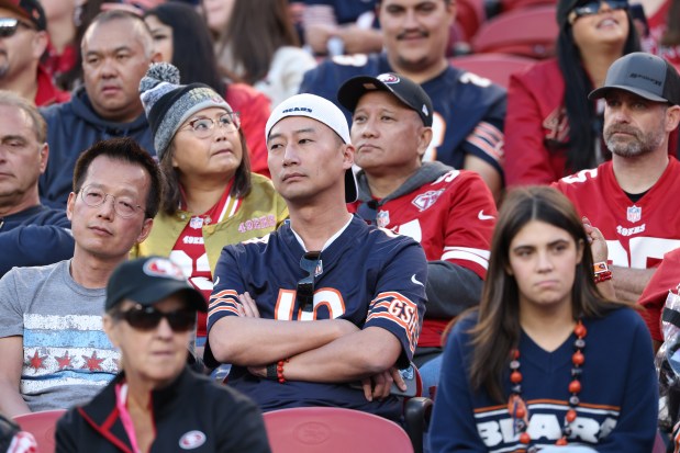 Bears fans show disappointment on their faces after a 49ers touchdown in the fourth quarter at Levi's Stadium on Dec. 8, 2024, in Santa Clara, California. (John J. Kim/Chicago Tribune)