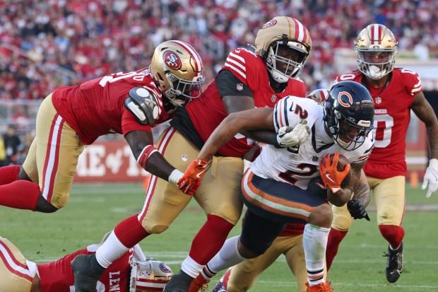 Bears wide receiver DJ Moore draws 49ers defenders in the third quarter at Levi's Stadium on Dec. 8, 2024. (John J. Kim/Chicago Tribune)