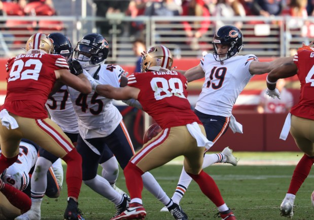 Bears punter Tory Taylor (19) punts in the second quarter against the 49ers at Levi's Stadium on Dec. 8, 2024, in Santa Clara. (John J. Kim/Chicago Tribune)