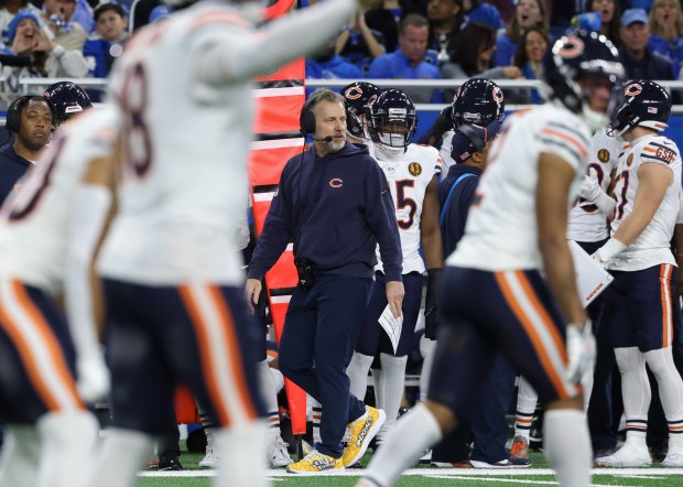 Bears coach Matt Eberflus walks the sideline during a drive in the second quarter against the Lions at Ford Field on Nov. 28, 2024, in Detroit. (John J. Kim/Chicago Tribune)