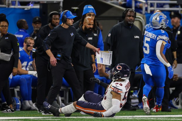 Lions offensive coordinator Ben Johnson watches a play from the sideline at Ford Field against the Bears in Detroit on Nov. 28, 2024. The Bears lost 23-20. (Tess Crowley/Chicago Tribune)