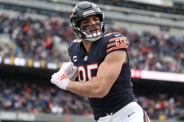 Chicago Bears tight end Cole Kmet celebrates his touchdown in the second quarter Sunday, Dec. 22, 2024, at Soldier Field. (Brian Cassella/Chicago Tribune)