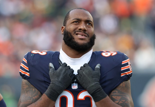 Bears defensive tackle Byron Cowart watches a video replay in the fourth quarter against the Packers at Soldier Field on Nov. 17, 2024, in Chicago. (John J. Kim/Chicago Tribune)