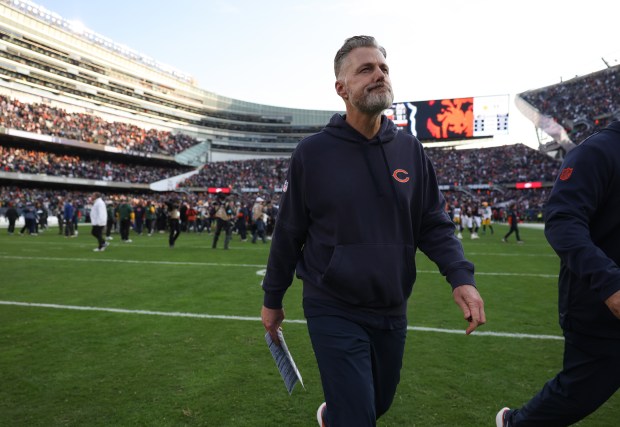 Bears head coach Matt Eberflus walks off the field after a 20-19 loss to the Packers at Soldier Field on Nov. 17, 2024. (John J. Kim/Chicago Tribune)