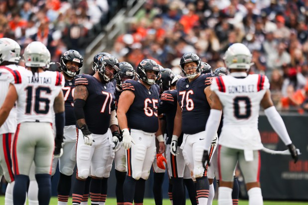 Chicago Bears offense wait for the play to start during the second quarter against the New England Patriots at Soldier Field on Nov. 10, 2024. (Eileen T. Meslar/Chicago Tribune)