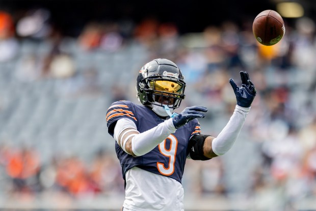 Chicago Bears safety Jaquan Brisker (9) warms up before a game against the Los Angeles Rams at Soldier Field on Sept. 29, 2024. The Bears won 24-18 against the Rams. (Tess Crowley/Chicago Tribune)