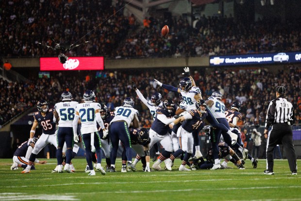 Bears place kicker Cairo Santos kicks a three-point field goal during the second quarter against the Seahawks at Soldier Field on Dec. 26, 2024. (Armando L. Sanchez/Chicago Tribune)