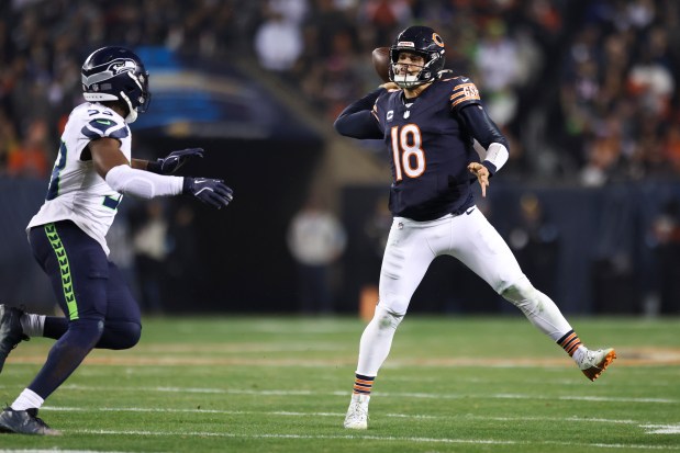 Bears quarterback Caleb Williams tries to make a pass during the second quarter against the Seahawks at Soldier Field on Dec. 26, 2024. (Eileen T. Meslar/Chicago Tribune)