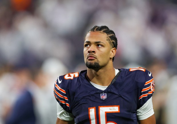 Bears wide receiver Rome Odunze walks off the field after a 30-12 loss to the Vikings at U.S Bank Stadium on Dec. 16, 2024, in Minneapolis. (Stacey Wescott/Chicago Tribune)