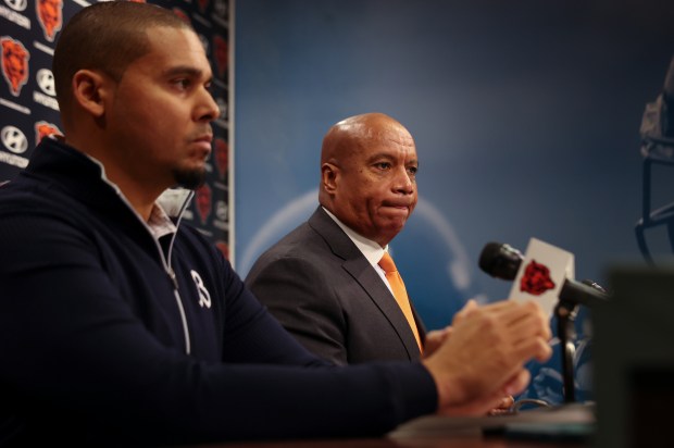 Bears GM Ryan Poles listens as President/CEO Kevin Warren answers questions from the media after the firing of coach Matt Eberflus on Dec. 2, 2024. (Stacey Wescott/ Chicago Tribune)