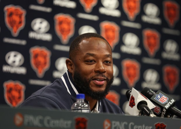 Bears interim coach Thomas Brown speaks to the media at Halas Hall on Dec. 2, 2024, in Lake Forest. (Stacey Wescott/ Chicago Tribune)