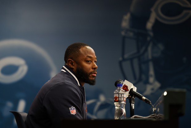 Bears interim coach Thomas Brown speaks to the media at Halas Hall on Dec. 2, 2024, in Lake Forest. (Stacey Wescott/ Chicago Tribune)