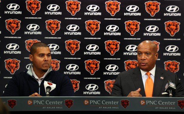 Bears general manager Ryan Poles, left, and President Kevin Warren speak to the media after the firing of coach Matt Eberflus at Halas Hall on Dec. 2, 2024. (Stacey Wescott/ Chicago Tribune)