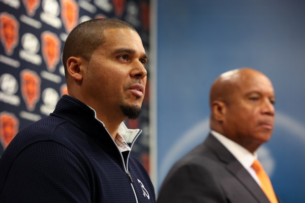 Bears general manager Ryan Poles speaks with the media during a press conference with Chicago Bears President Kevin Warren at Halas Hall on Dec. 2, 2024. (Stacey Wescott/ Chicago Tribune)