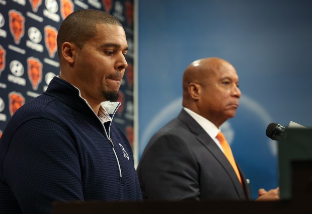 Bears general manager Ryan Poles, left, and President/CEO Kevin Warren field questions from the media after the firing of coach Matt Eberflus on Dec. 2, 2024, at Halas Hall in Lake Forest. (Stacey Wescott/ Chicago Tribune)