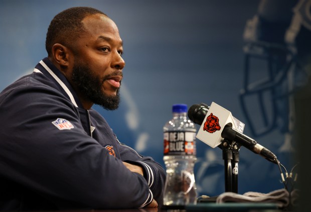 Bears interim coach Thomas Brown speaks to the media at Halas Hall on Dec. 2, 2024, in Lake Forest. (Stacey Wescott/ Chicago Tribune)