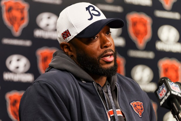 Bears interim coach Thomas Brown speaks during a news conference after practice at Halas Hall on Dec. 4, 2024, in Lake Forest. (Eileen T. Meslar/Chicago Tribune)